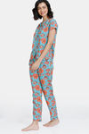 Zivame Blotched Bloom Woven Pyjama Set - Pool Blue — thumbnail 2